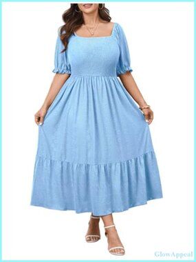 Plus Size Maxi Dress Puff Sleeve Eyelet A-Line Square Neck Flowy Midi 2025 Curvy